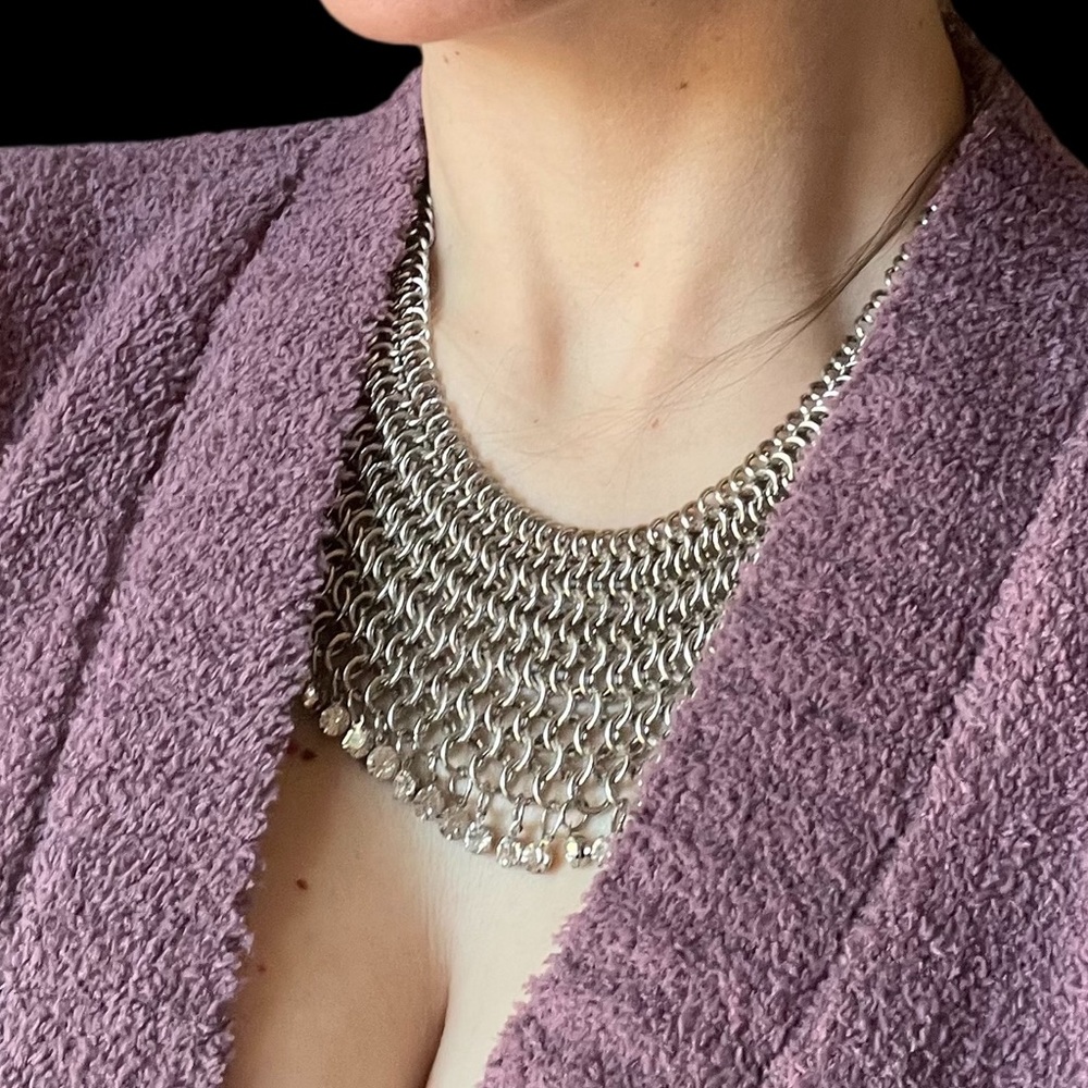 Silver Tone Chainmail Rhinestone Bib Necklace Cleopatra Whimsigoth Renn Faire - Picture 4 of 6